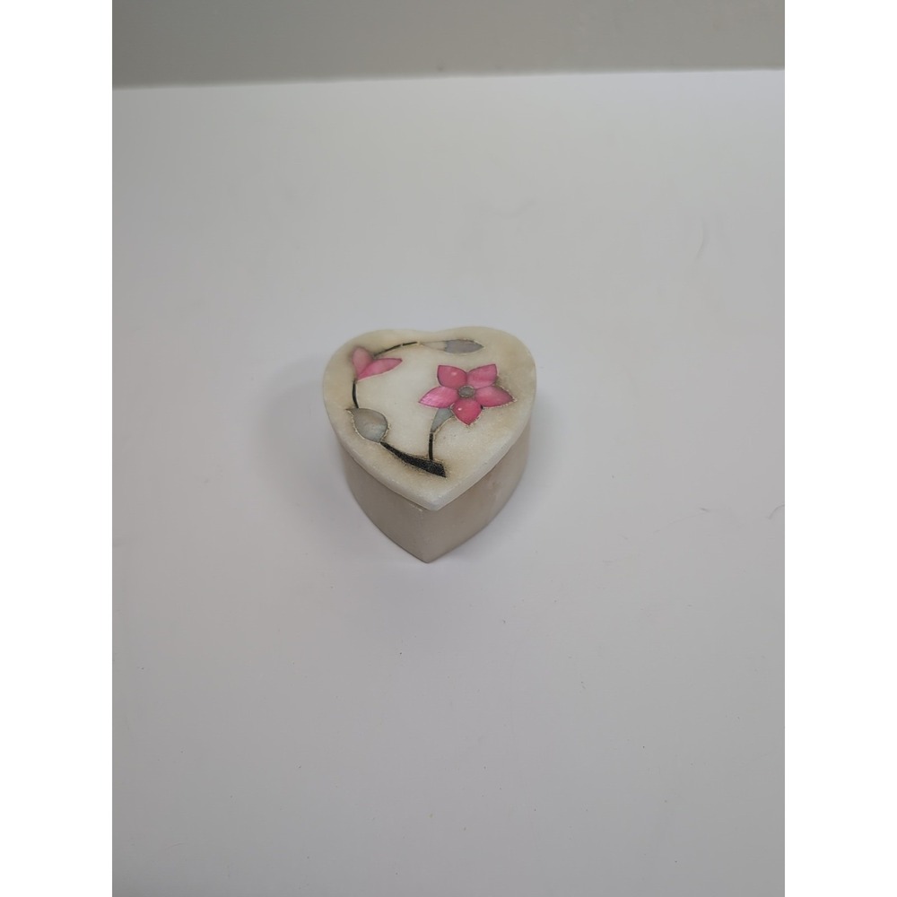 Vtg Soapstone Trinket Box Pearl Pink & Silver Flower Inlay Heart Shaped
